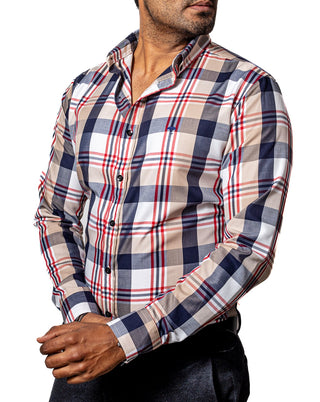 Camisa Hombre Casual Cuadro Beige, Rojo, Azul