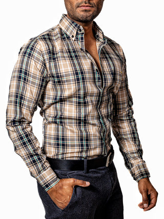 Camisa Hombre Casual Cuadros Negros, Beige Lineas Blancas, Verdes