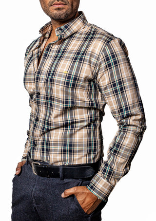 Camisa Hombre Casual Cuadros Negros, Beige Lineas Blancas, Verdes