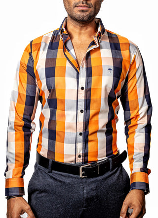 Camisa Hombre Casual Cuadro Naranja, Azul Marino, Hueso