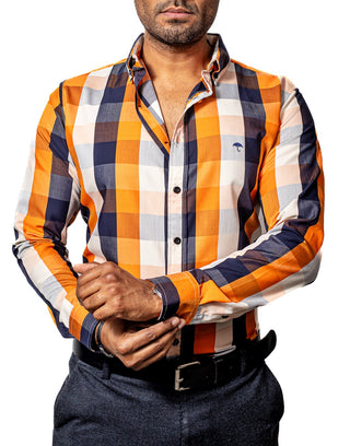 Camisa Hombre Casual Cuadro Naranja, Azul Marino, Hueso