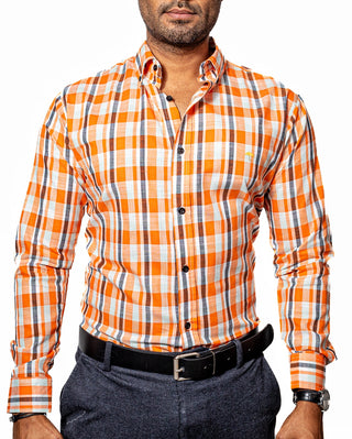 Camisa Hombre Casual Cuadros Naranjas, Blancos Lineas Negras