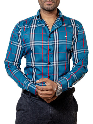 Camisa Hombre Casual Azul Lineas Blanca, Azul Marino Rojo