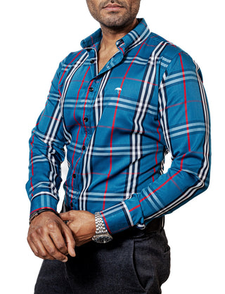 Camisa Hombre Casual Azul Lineas Blanca, Azul Marino Rojo