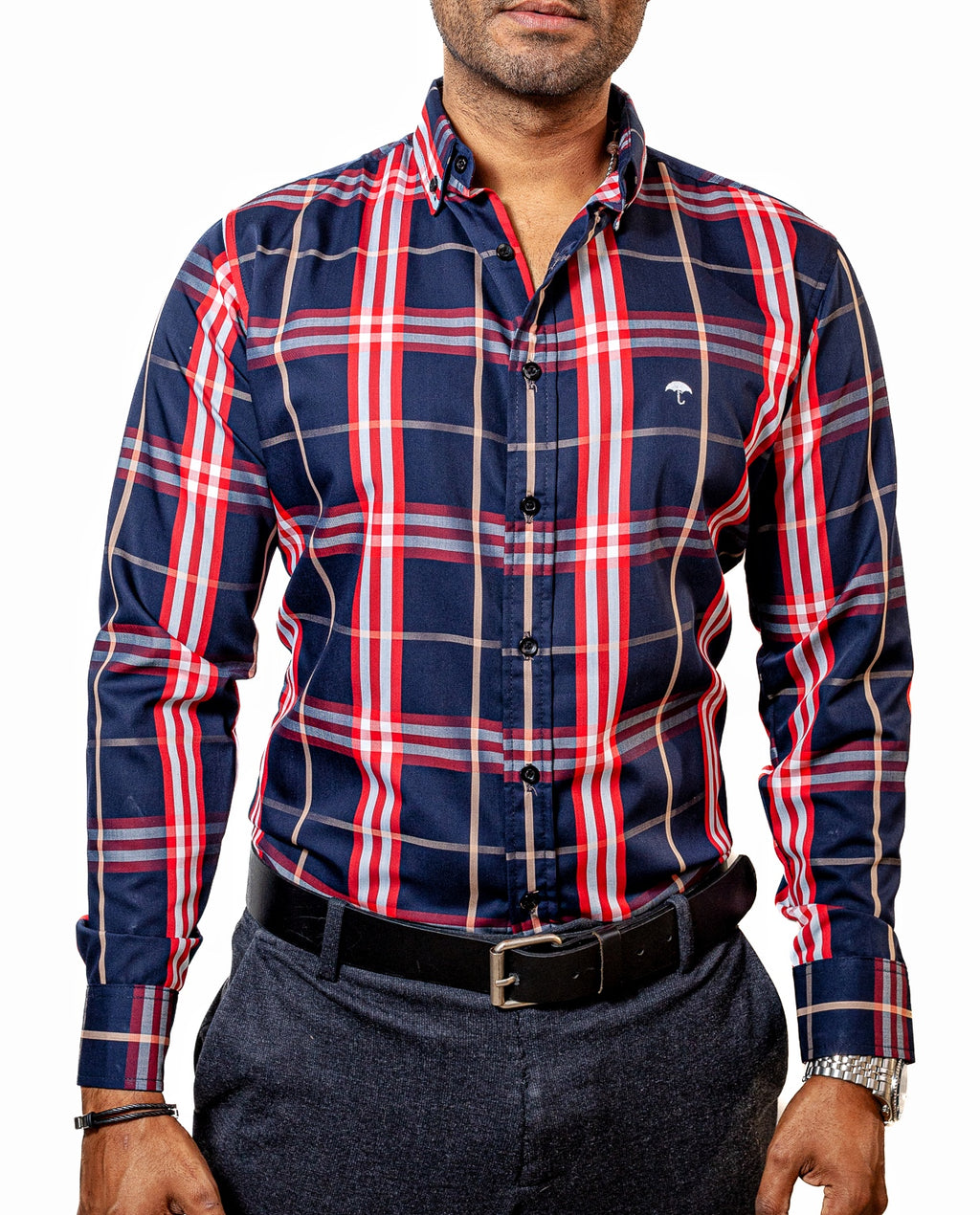 Men's Casual Checkered Shirt Navy Blue White and Red Lines
