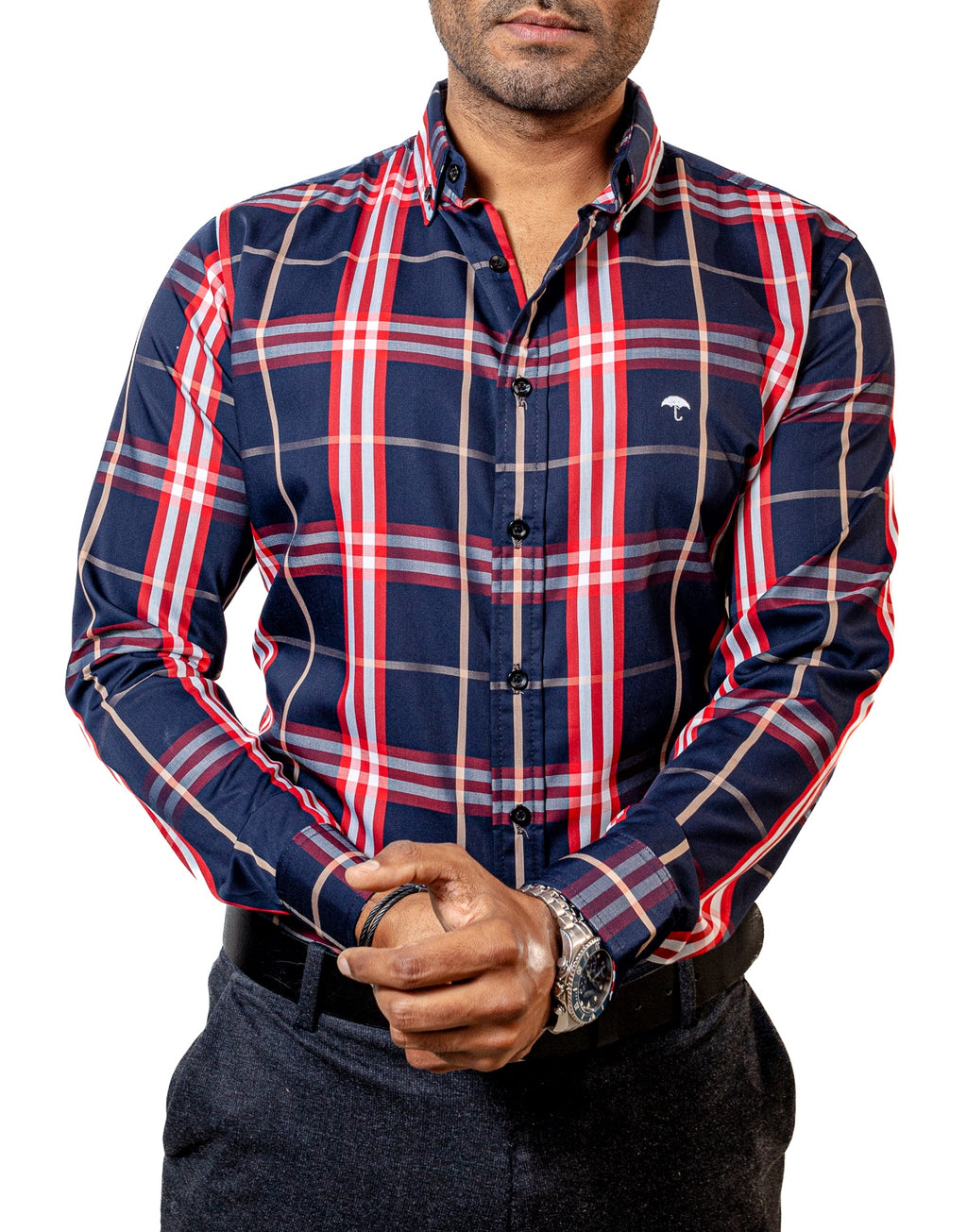 Men's Casual Checkered Shirt Navy Blue White and Red Lines