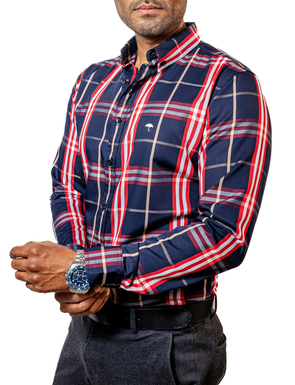 Men's Casual Checkered Shirt Navy Blue White and Red Lines