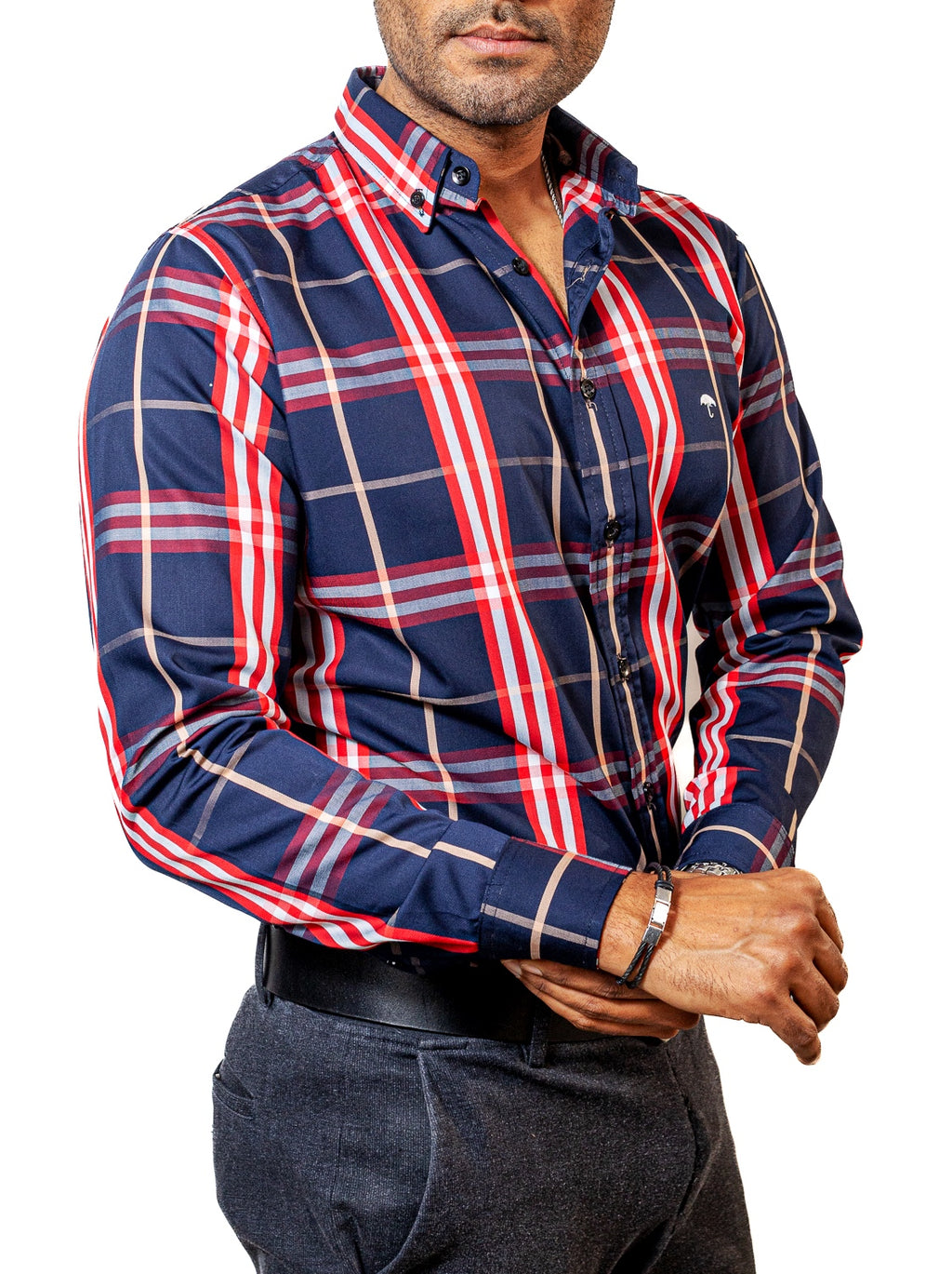 Men's Casual Checkered Shirt Navy Blue White and Red Lines
