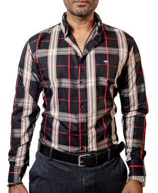 Camisa Hombre Casual Cuadros Negros Lineas Rojas, Beige