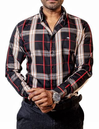 Camisa Hombre Casual Cuadros Negros Lineas Rojas, Beige