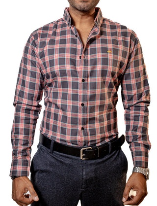 Camisa Hombre Casual Cuadros Gris Oscuros Lineas Coral, Rojas