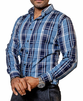 Camisa Hombre Casual Azul Lineas Blanca Y Gris