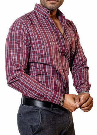 Camisa Hombre Casual Vino Lineas Azules, Beige