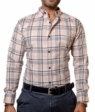 Camisa Hombre Casual Cuadros Beige, Gris Lineas Negras