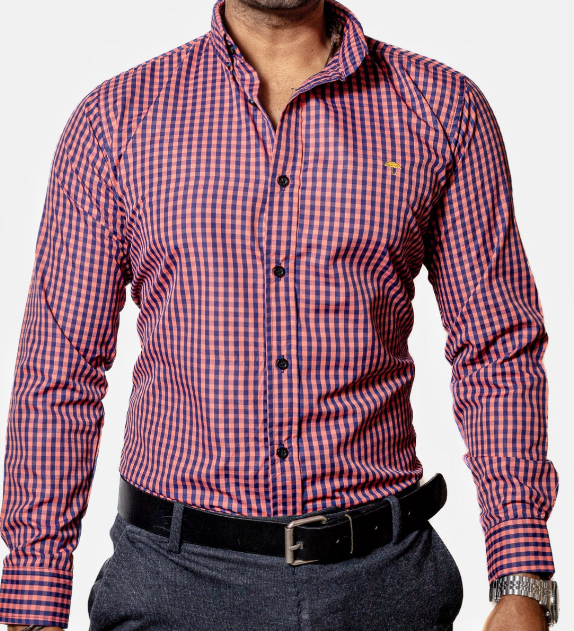 Camisa Hombre Casual Cuadros Rosa Coral Azul Marino