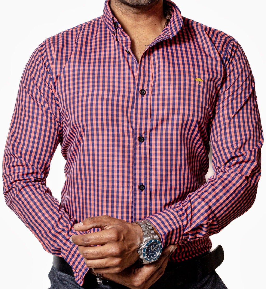 Camisa Hombre Casual Cuadros Rosa Coral Azul Marino