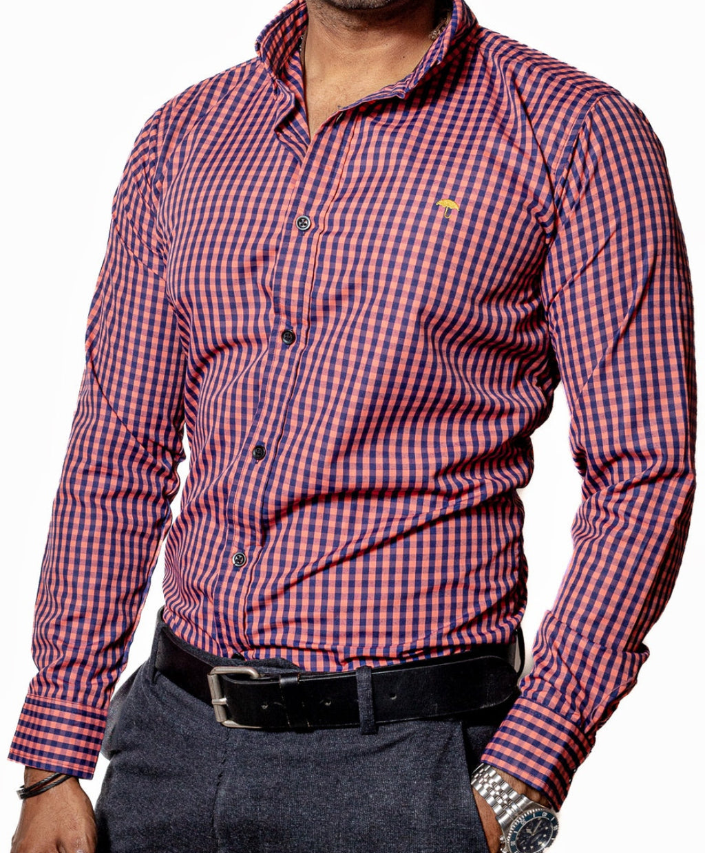 Camisa Hombre Casual Cuadros Rosa Coral Azul Marino