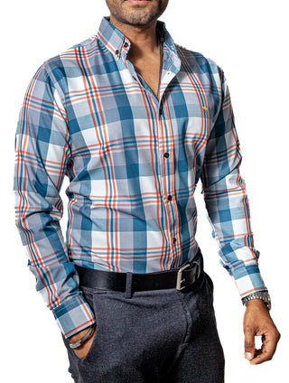 Camisa Hombre Casual Cuadros Azules Lineas Rojizas