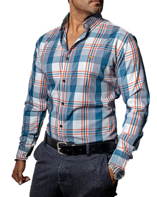 Camisa Hombre Casual Cuadros Azules Lineas Rojizas