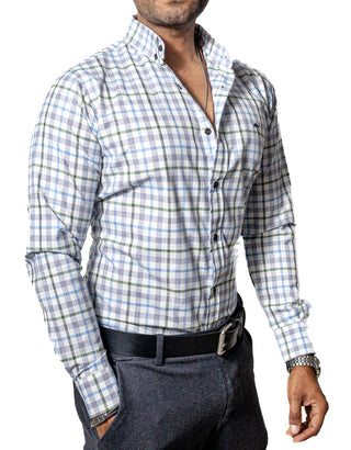 Camisa Hombre Casual Cuadros Lineas Verdes, Gris, Azules