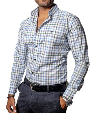 Camisa Hombre Casual Cuadros Lineas Verdes, Gris, Azules