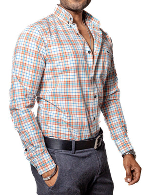 Camisa Hombre Casual Blanca Lineas Naranja, Azul