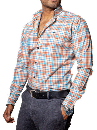 Camisa Hombre Casual Blanca Lineas Naranja, Azul