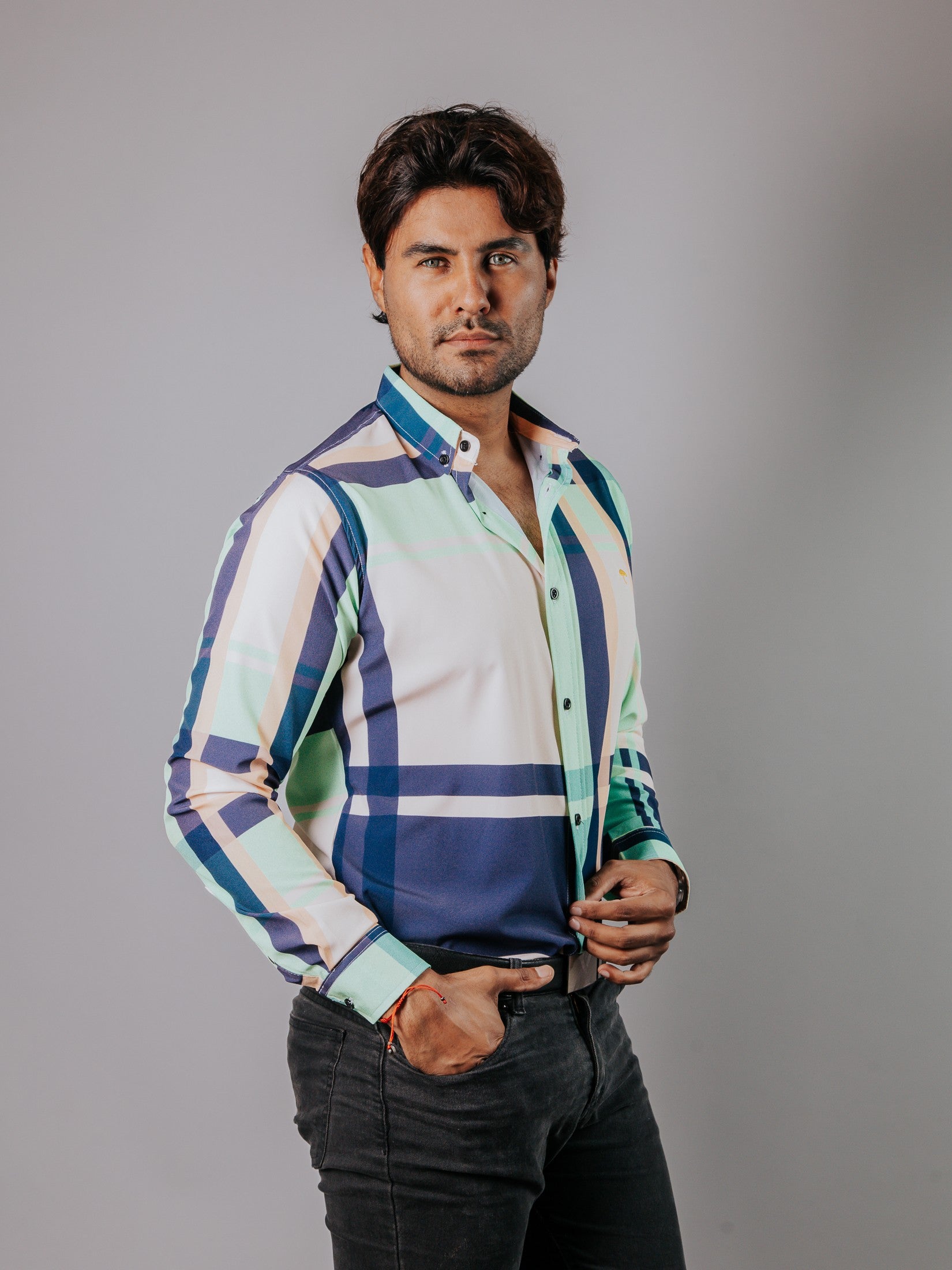 Camisa Hombre Casual Cuadro Azul Beige Verde