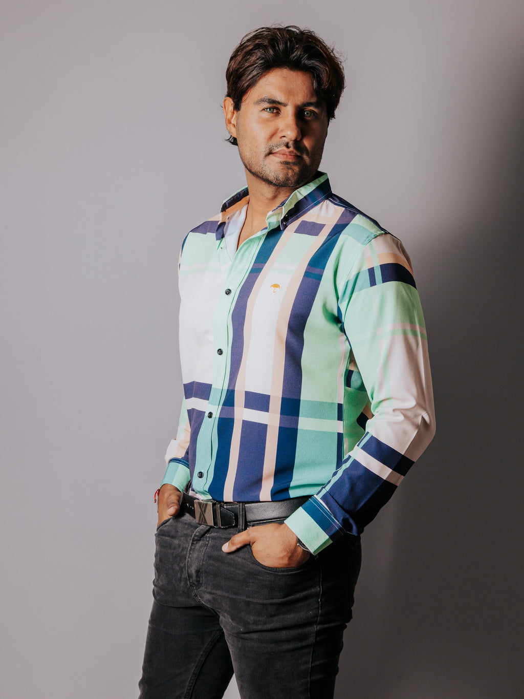 Camisa Hombre Casual Cuadro Azul Beige Verde