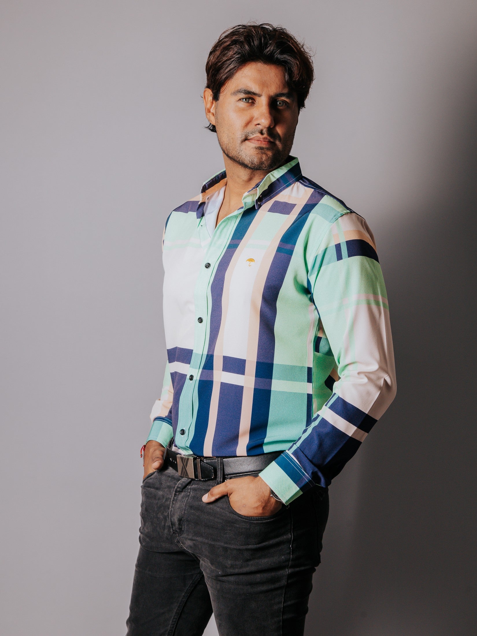 Camisa Hombre Casual Cuadro Azul Beige Verde