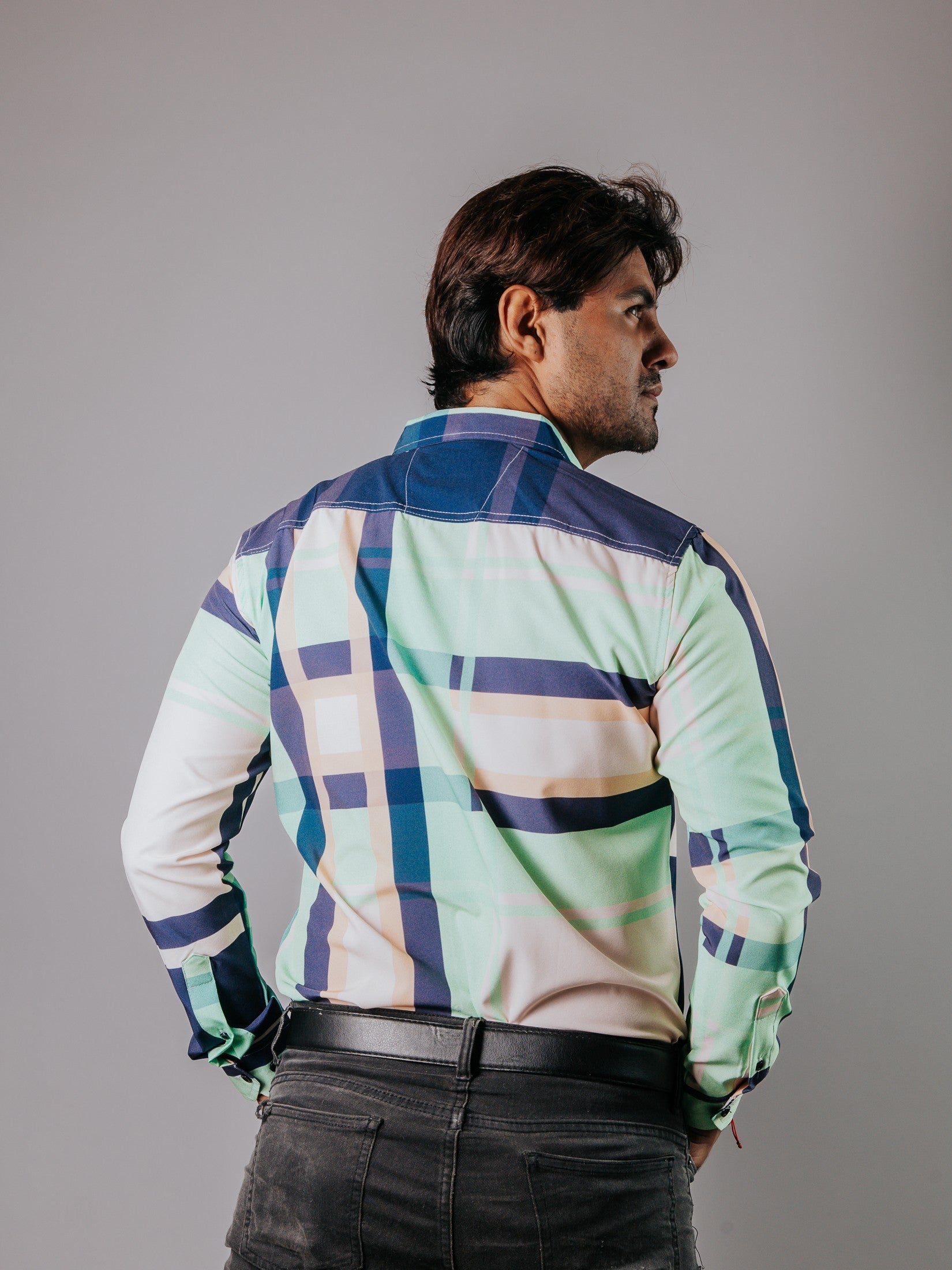 Camisa Hombre Casual Cuadro Azul Beige Verde