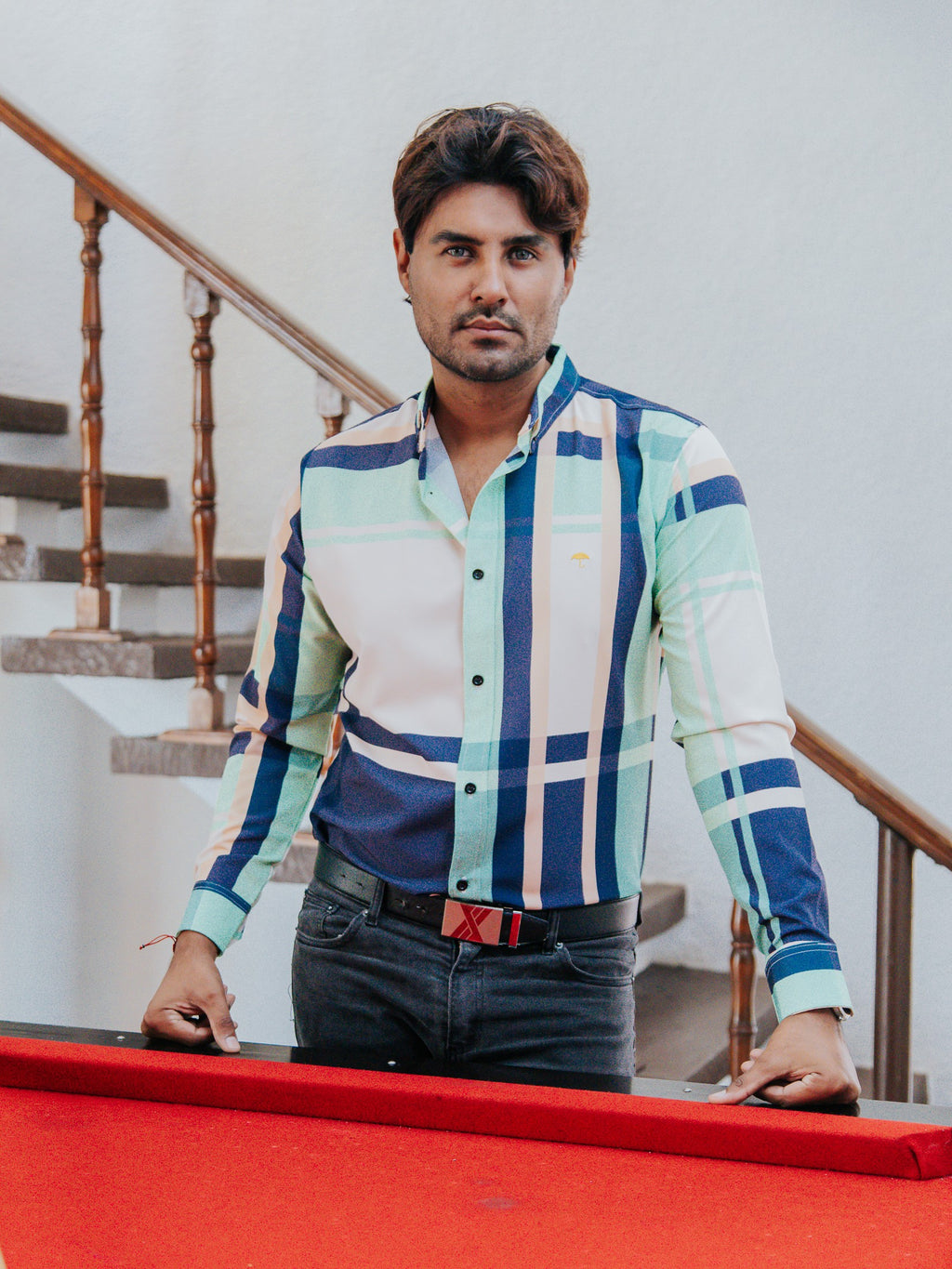 Camisa Hombre Casual Cuadro Azul Beige Verde