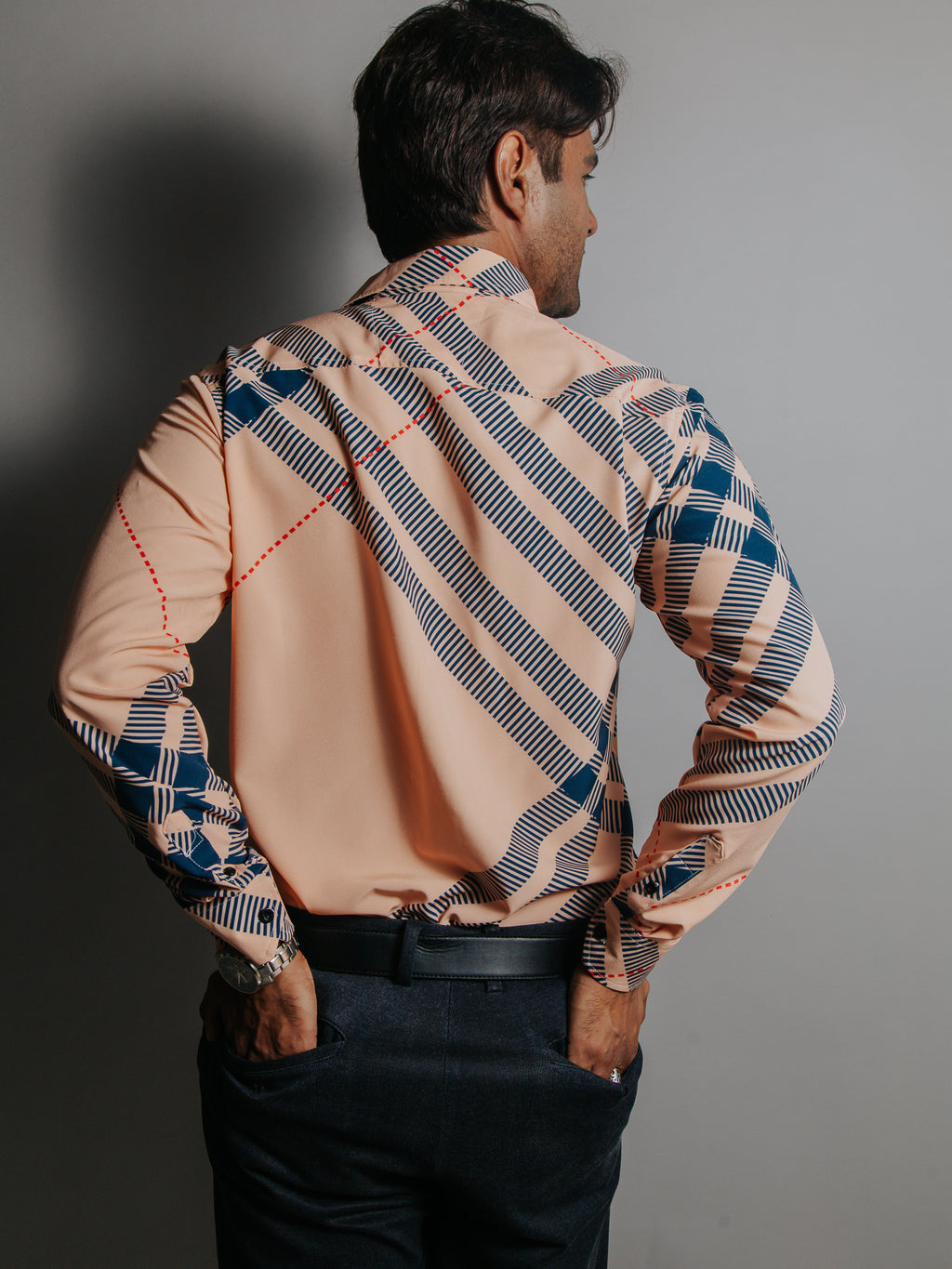 Camisa Hombre Casual Melón Cuadros Azul Marino Línea Roja