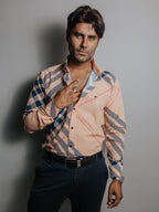 Camisa Hombre Casual Melón Cuadros Azul Marino Línea Roja