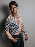 Camisa Hombre Casual Melón Cuadros Azul Marino Línea Roja