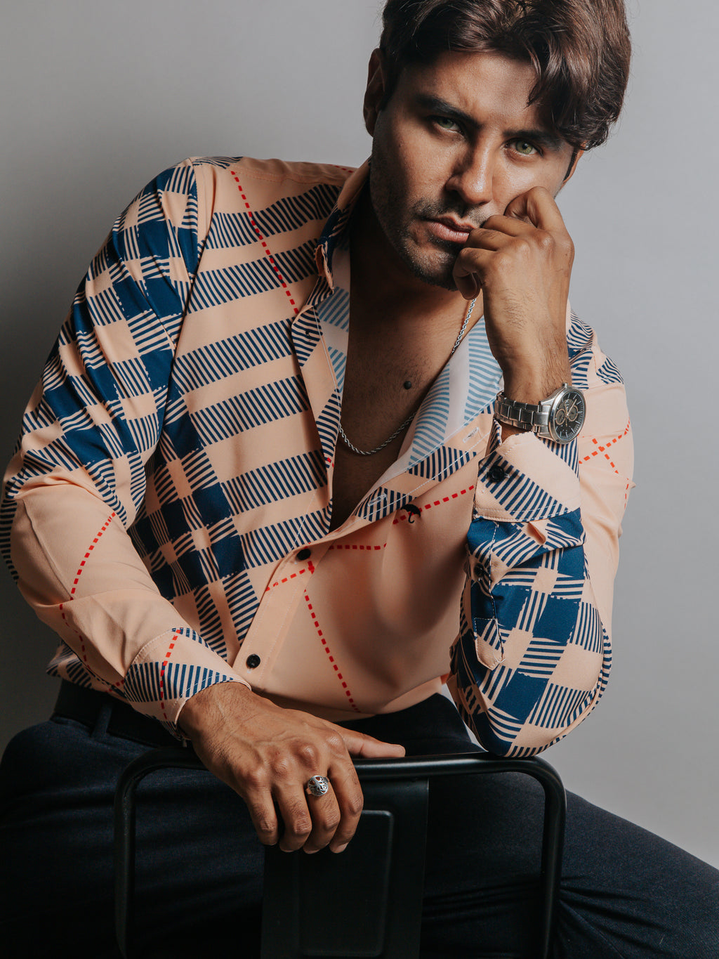 Camisa Hombre Casual Melón Cuadros Azul Marino Línea Roja