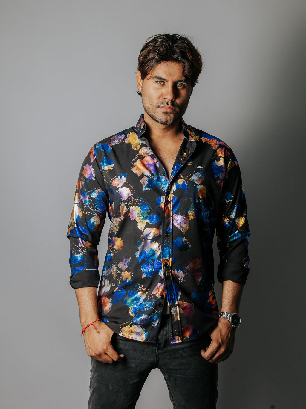 Camisa Hombre Casual Slim Fit Negra Flores Tornasol - 34 (S)-Tiendas Platino