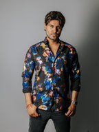 Camisa Hombre Casual Slim Fit Negra Flores Tornasol - 34 (S)-Tiendas Platino
