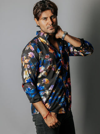 Men's Casual Slim Fit Shirt Black Tornasol Flowers
