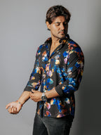 Camisa Hombre Casual Slim Fit Negra Flores Tornasol - 34 (S)-Tiendas Platino