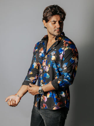 Men's Casual Slim Fit Shirt Black Tornasol Flowers