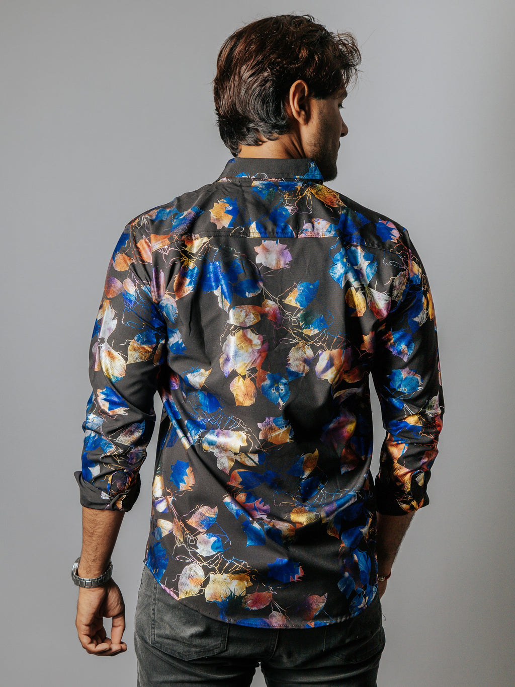 Camisa Hombre Casual Slim Fit Negra Flores Tornasol - 34 (S)-Tiendas Platino