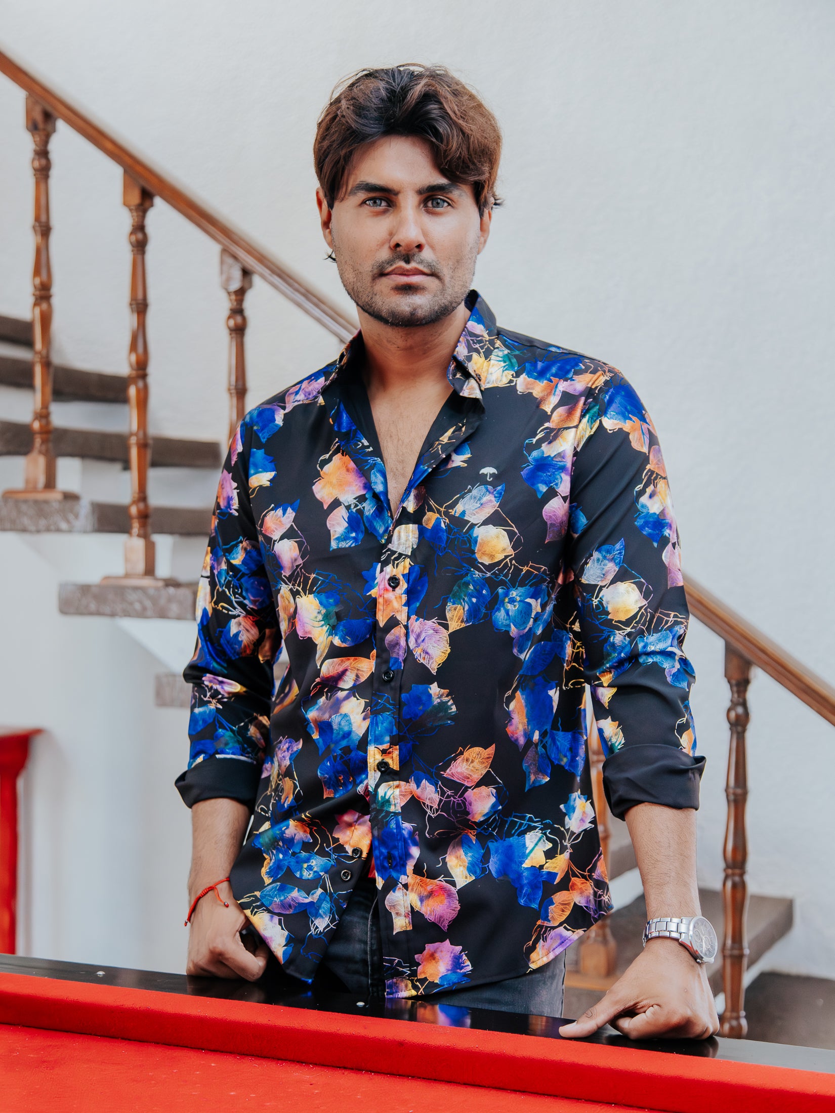 Camisa Hombre Casual Slim Fit Negra Flores Tornasol - 34 (S)-Tiendas Platino