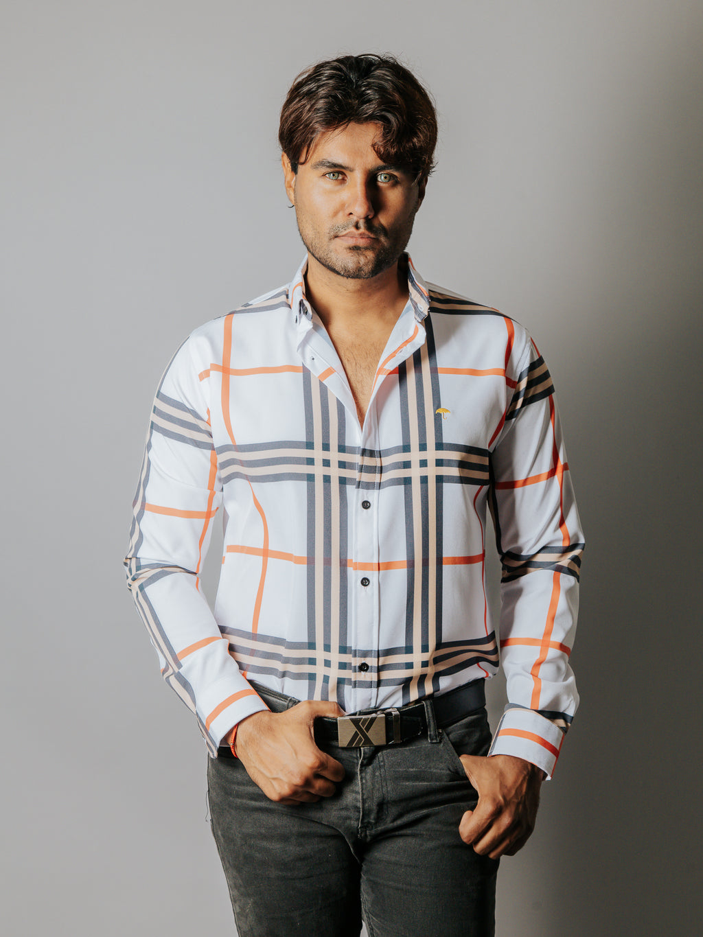 Camisa Hombre Casual Cuadro Gris Beige y Naranja