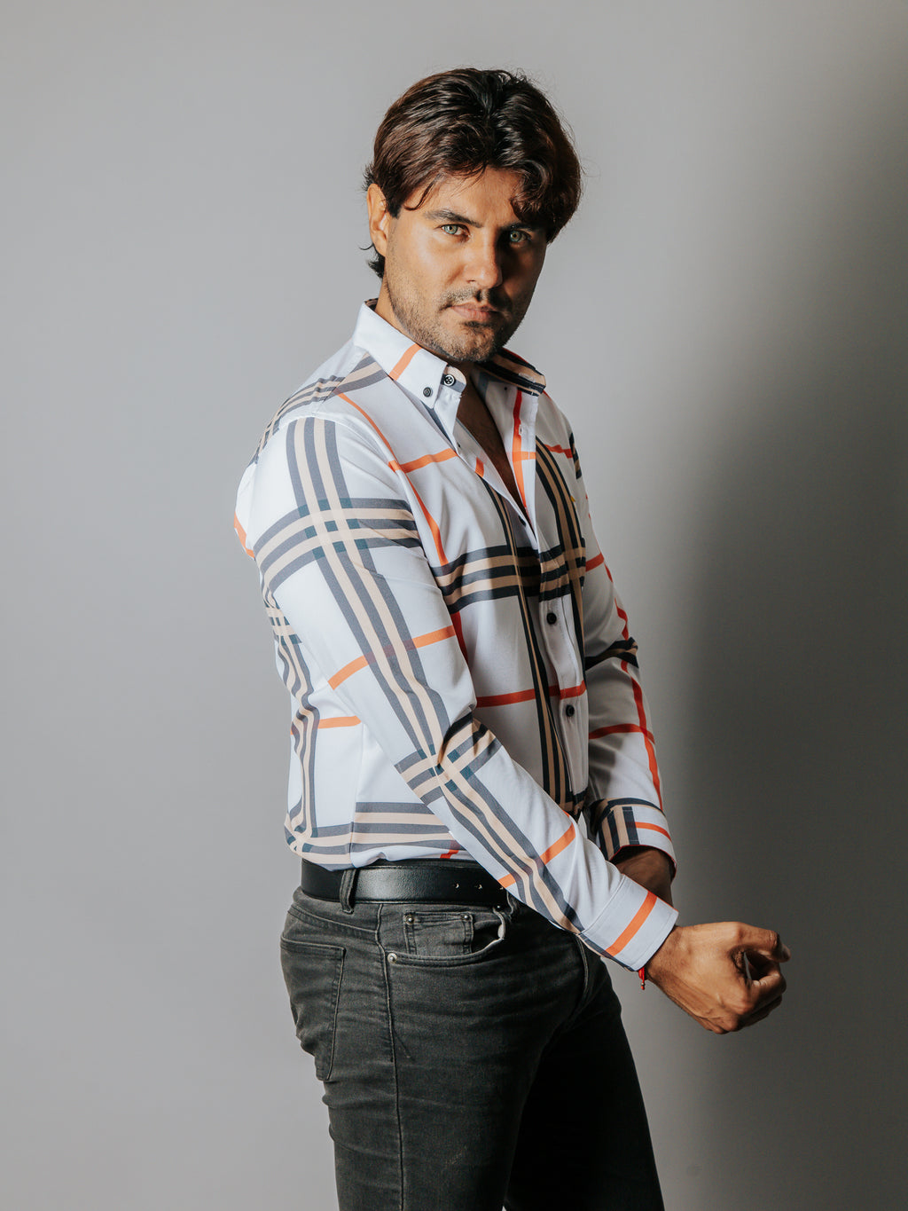 Camisa Hombre Casual Cuadro Gris Beige y Naranja