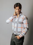 Camisa Hombre Casual Cuadro Gris Beige y Naranja