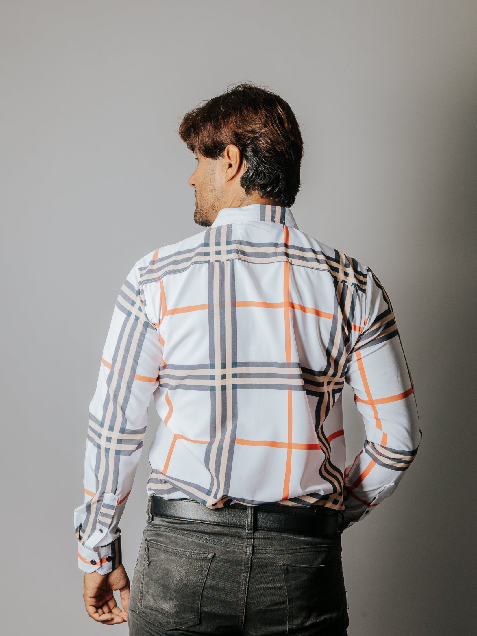 Camisa Hombre Casual Cuadro Gris Beige y Naranja