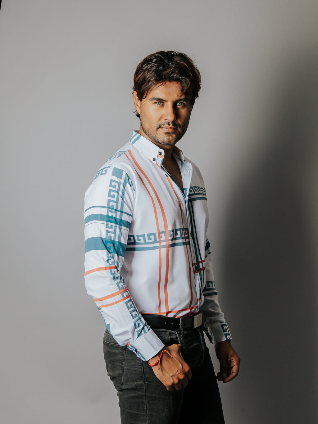 Camisa Hombre Casual Líneas Naranja Grecas Gris