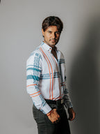 Camisa Hombre Casual Líneas Naranja Grecas Gris