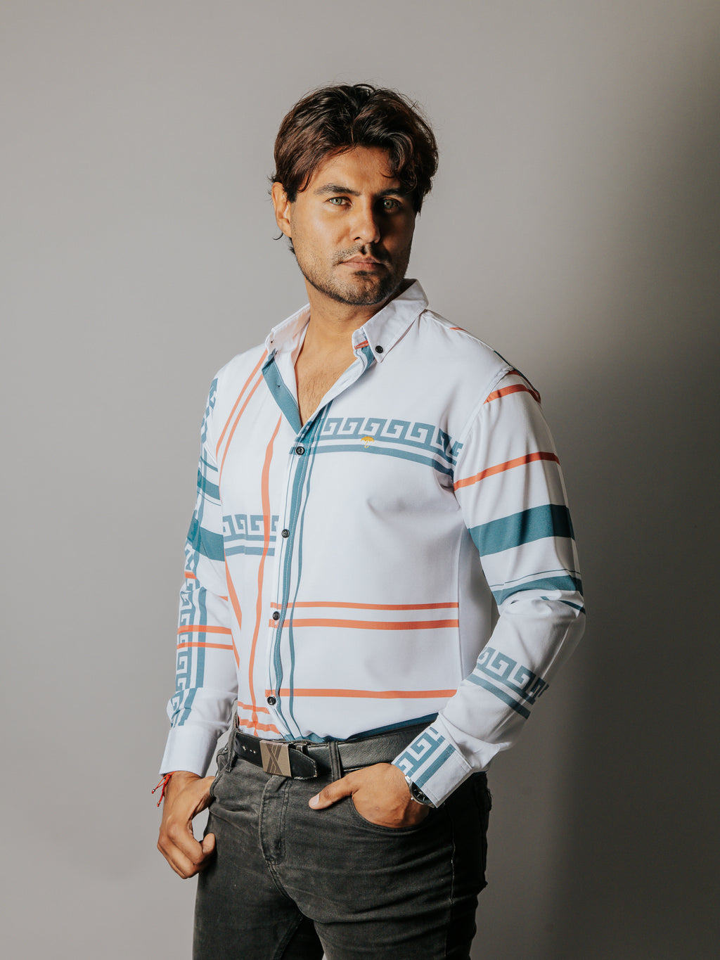 Camisa Hombre Casual Líneas Naranja Grecas Gris